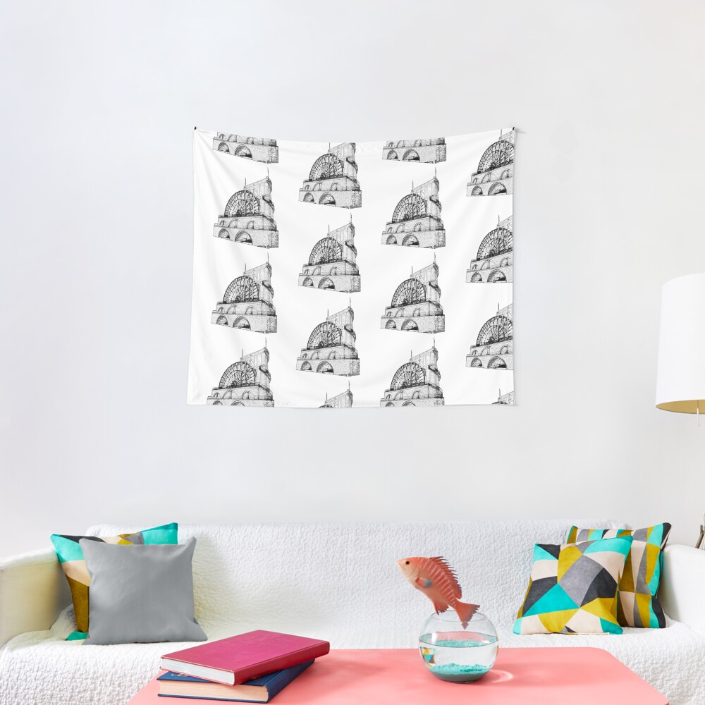 Laxey Water wheel Isle of Man Line Drawing style Tapestry
