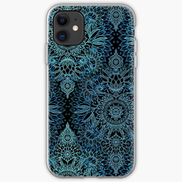 Black, Teal & Aqua Protea Doodle Pattern iPhone Soft Case