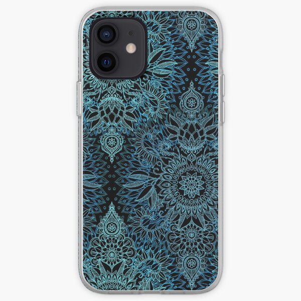 Black, Teal & Aqua Protea Doodle Pattern iPhone Soft Case