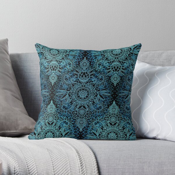 Black, Teal & Aqua Protea Doodle Pattern Throw Pillow