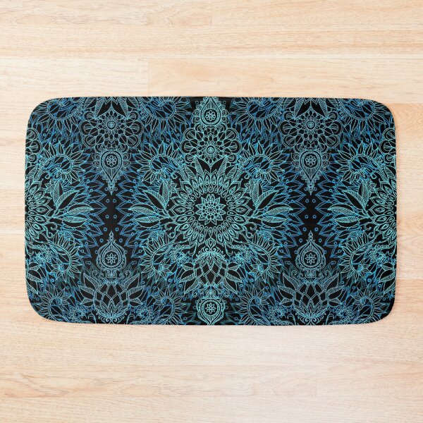 Black, Teal & Aqua Protea Doodle Pattern Bath Mat