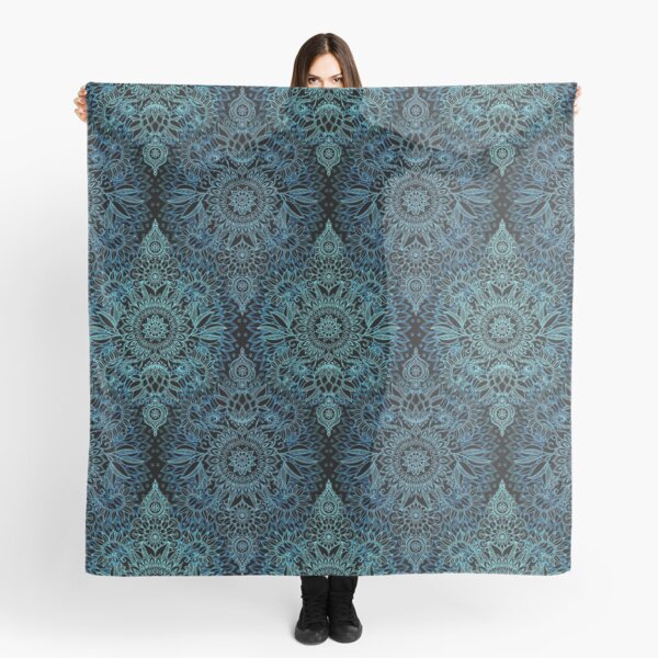 Black, Teal & Aqua Protea Doodle Pattern Scarf