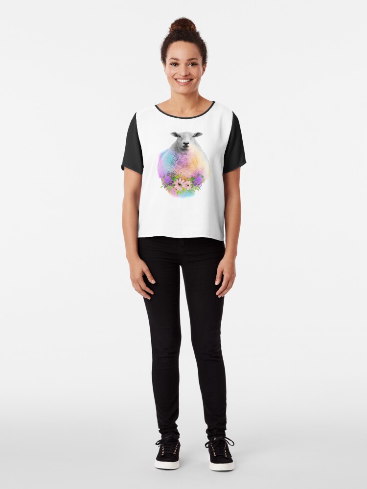 Alternate view of Watercolor Floral Sheep in Field Chiffon Top