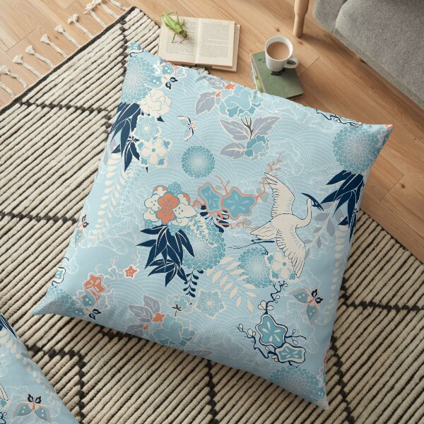 Japanese pattern of flying heron surrounded by flowers in blue Floor Pillow