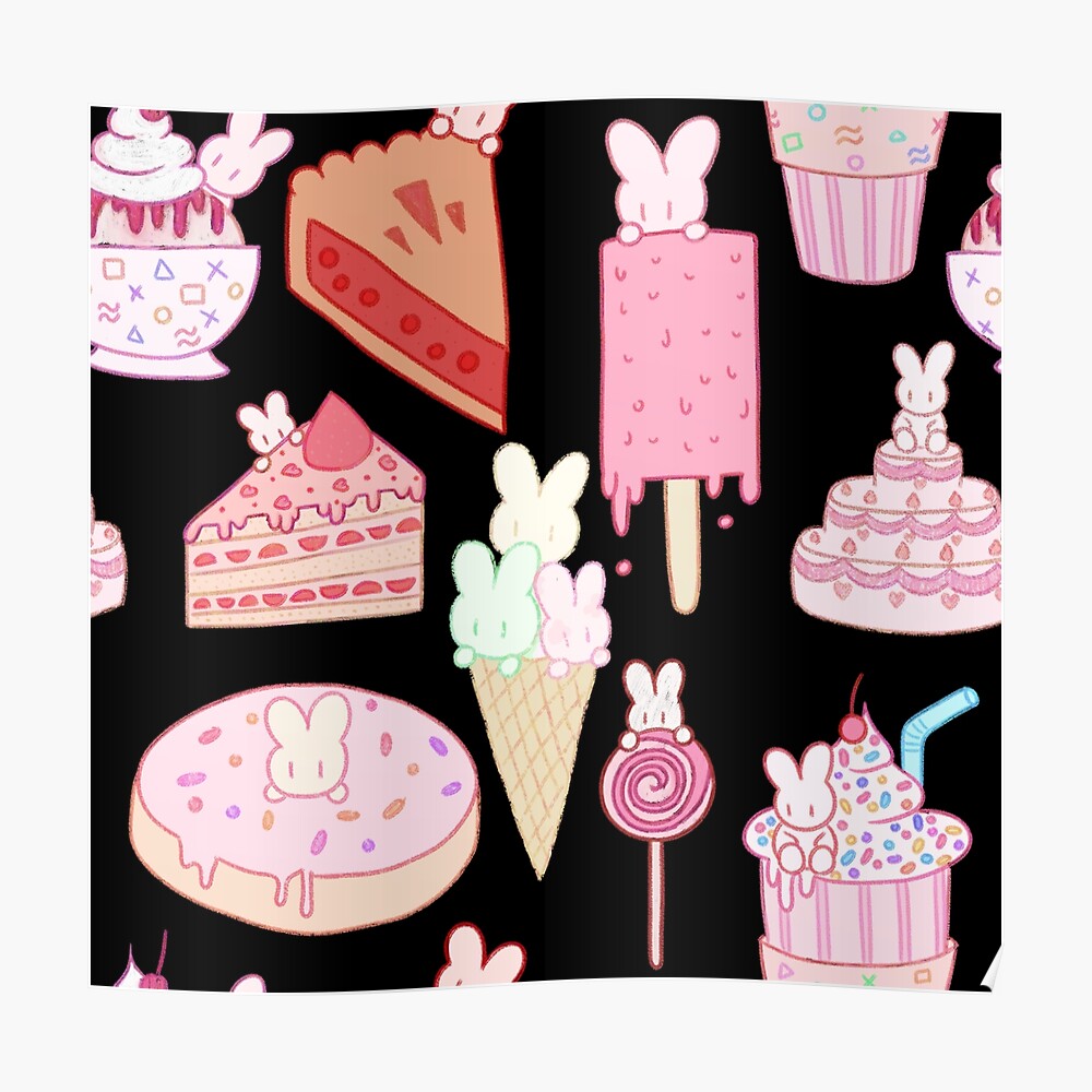 Sweet Treats Pattern Black Background Poster By Finebunnies Redbubble