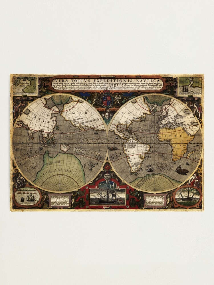 "Vintage Map Of The World (Jodocus Hondius, 1595)" Photographic Print ...