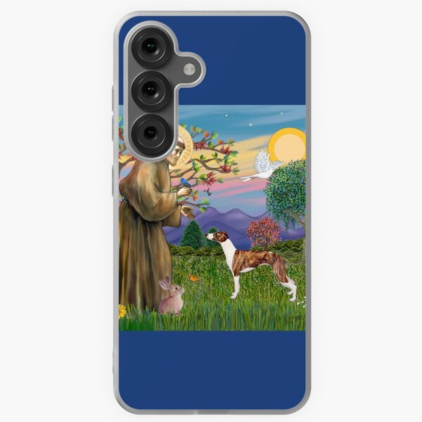 Item preview, St. Francis Blesses Whippet (brindle and white) designed and sold by JeanBFitzgerald.