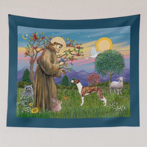 Item preview, St. Francis Blesses Whippet (brindle and white) designed and sold by JeanBFitzgerald.