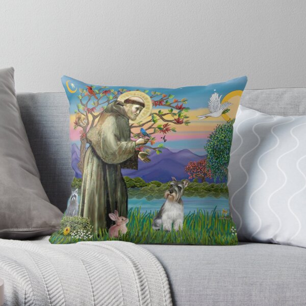 St. Francis Blesses a Schnauzer Throw Pillow