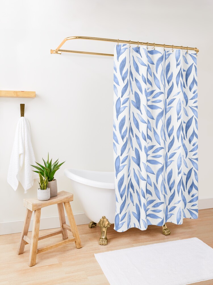 Alternate view of Watercolor Leaves - Blue Shower Curtain
