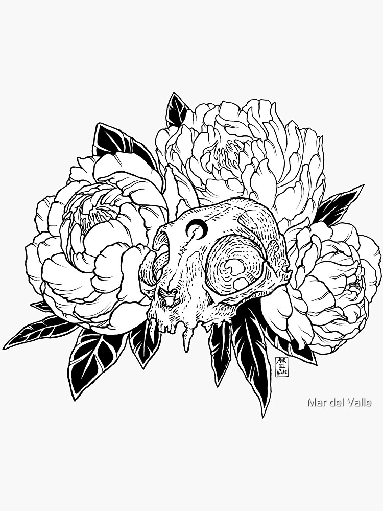 Cat Skull with Peonies - Black Line by mardelvallearts