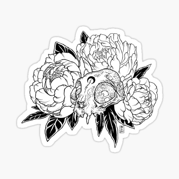 Cat Skull with Peonies - Black Line Sticker