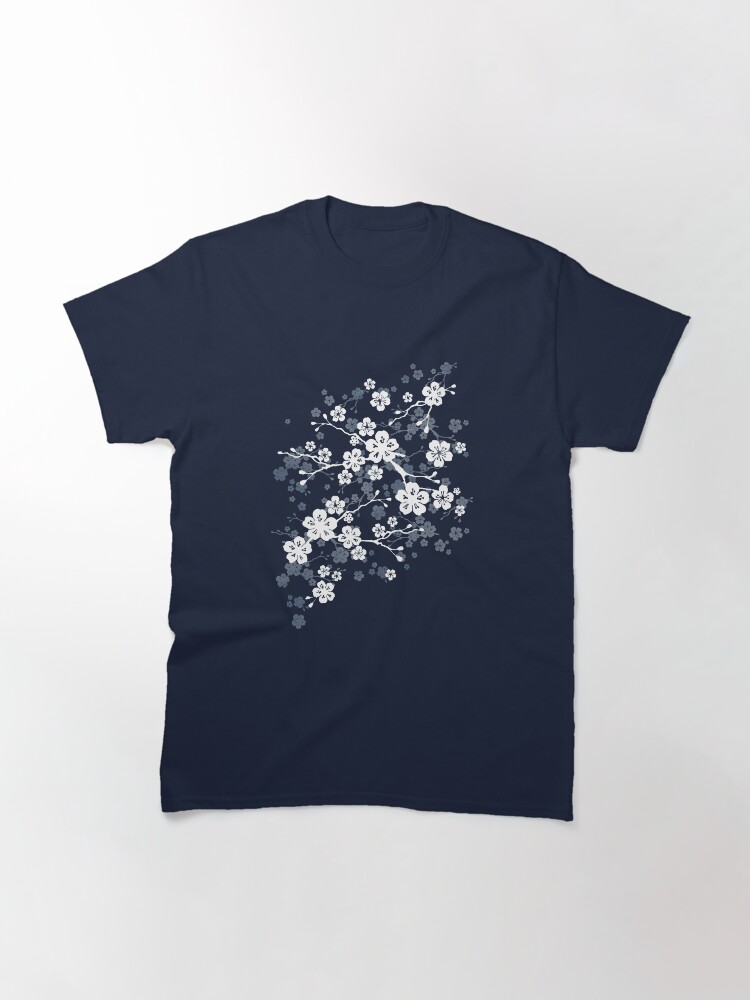 Thumbnail 3 of 7, Classic T-Shirt, Navy and white cherry blossom pattern designed and sold by adenaJ.