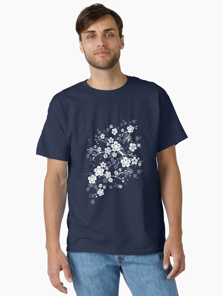 Thumbnail 1 of 7, Classic T-Shirt, Navy and white cherry blossom pattern designed and sold by adenaJ.