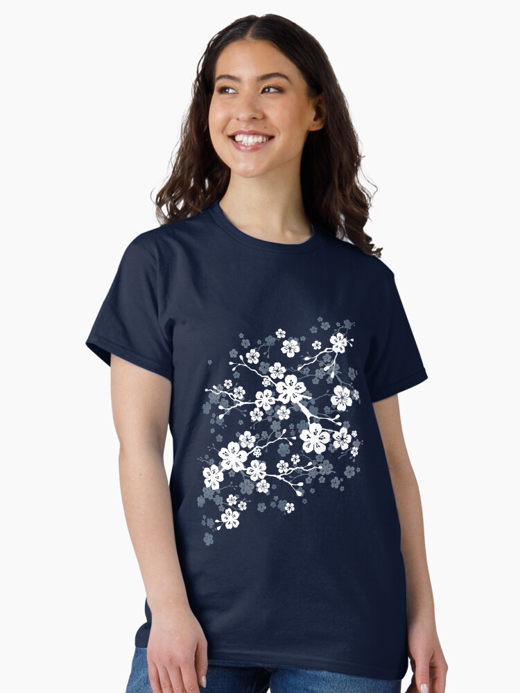 Thumbnail 2 of 7, Classic T-Shirt, Navy and white cherry blossom pattern designed and sold by adenaJ.