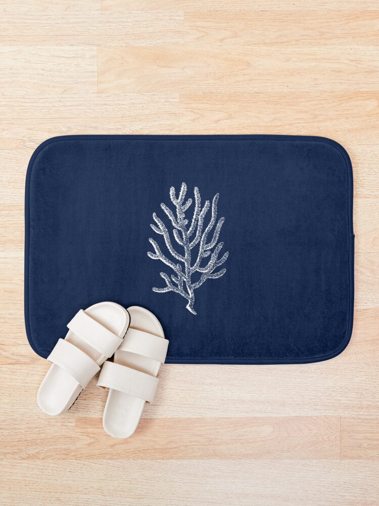 Alternate view of White Coral Illustration on Nautical Navy Blue - Tasteful Minimalist Beach House Design Bath Mat