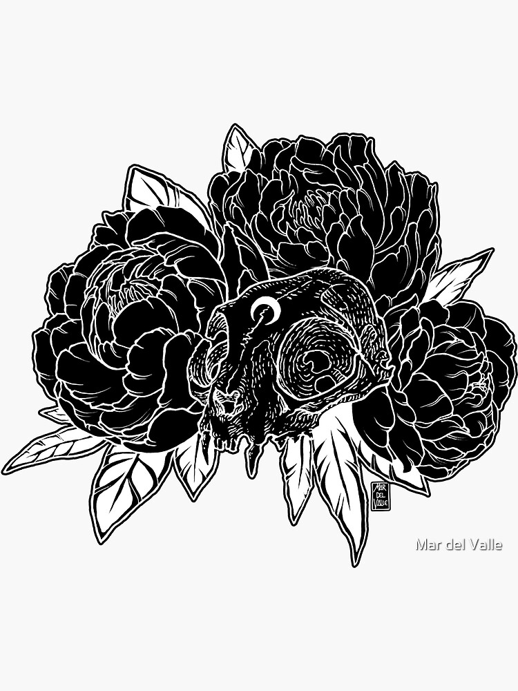 Cat Skull with Peonies - White Line by mardelvallearts