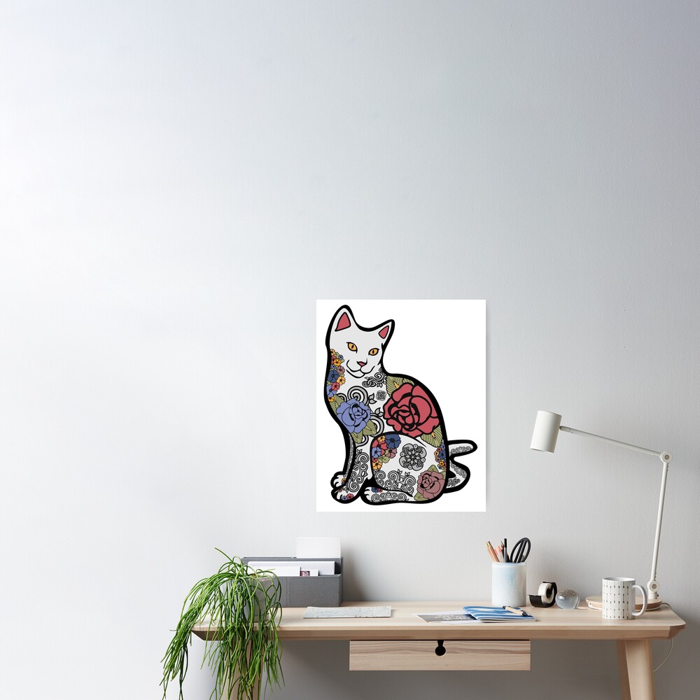 Poster Chat Avec Des Tatouages De Fleurs Par Epitomegirl Redbubble