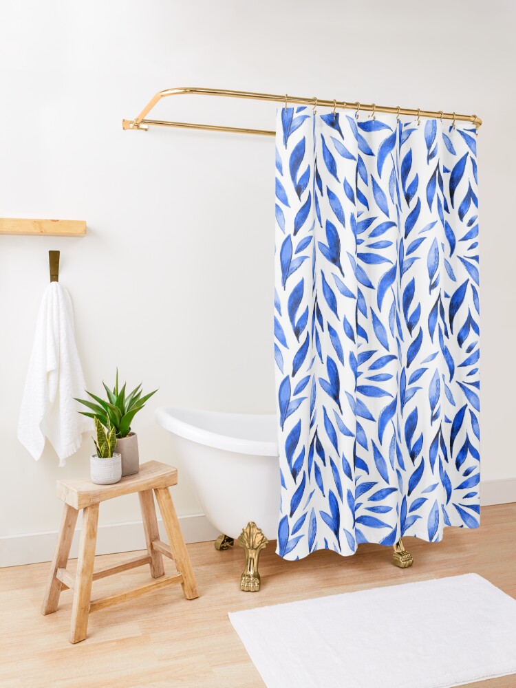 Alternate view of Watercolor Leaves - Royal Blue Shower Curtain