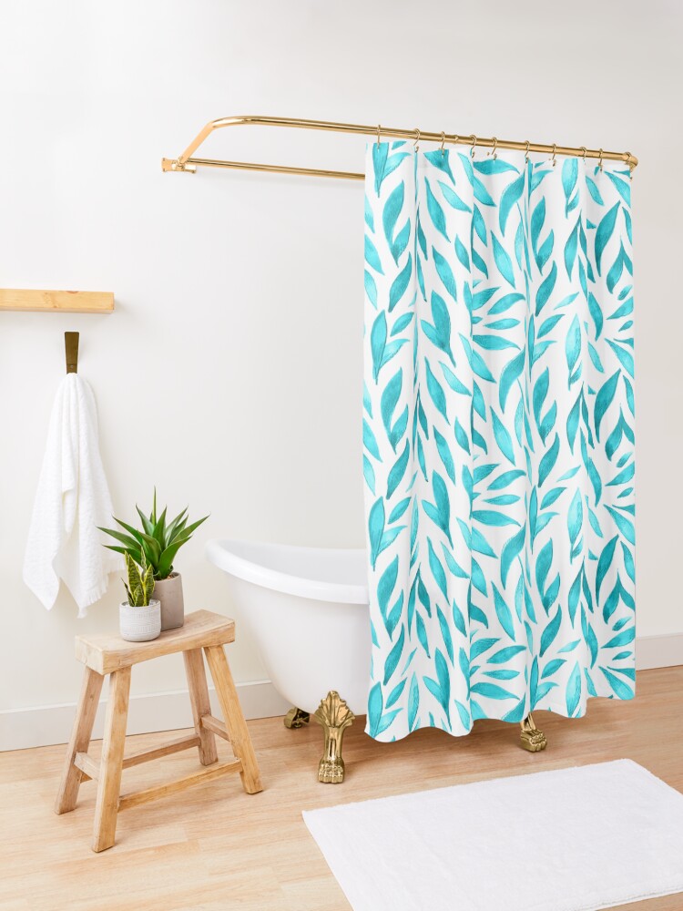 Alternate view of Watercolor Leaves - Teal Shower Curtain