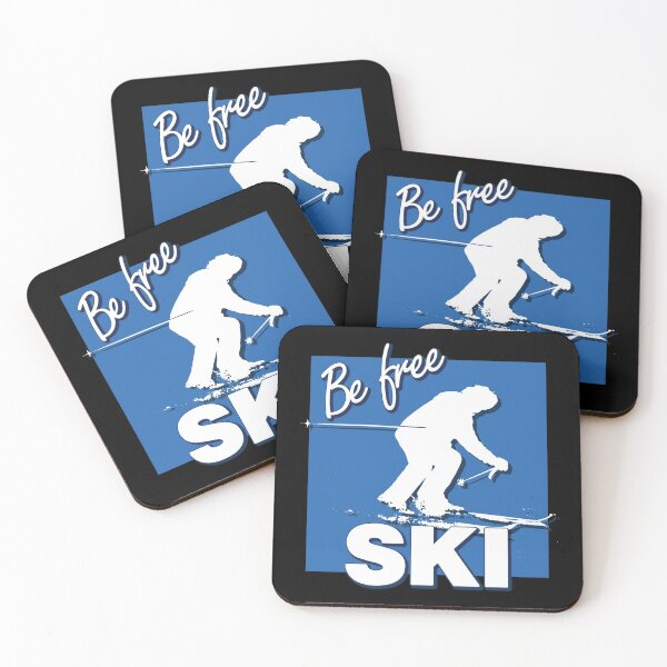 Item preview, Be Free Ski White Text Quote with White Downhill Alpine Skier Silhouette on Ski Level Intermediate Blue Square designed and sold by Karen McFarland.
