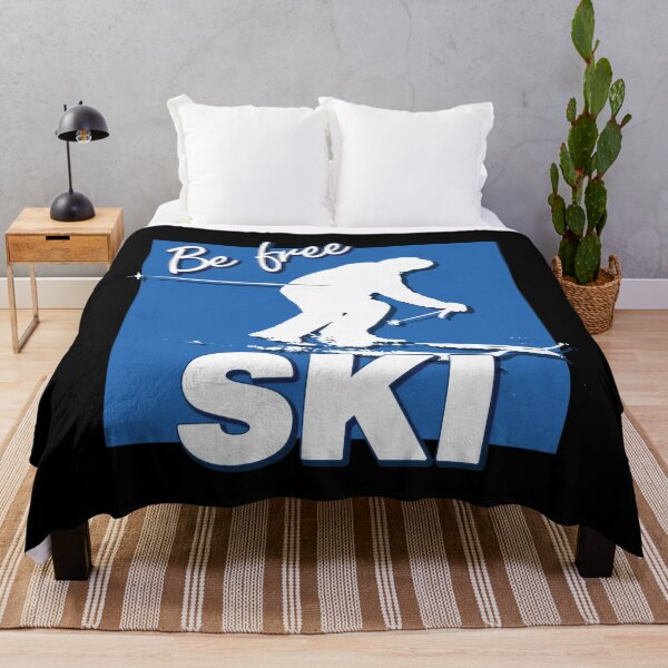 Item preview, Be Free Ski White Text Quote with White Downhill Alpine Skier Silhouette on Ski Level Intermediate Blue Square designed and sold by Karen McFarland.