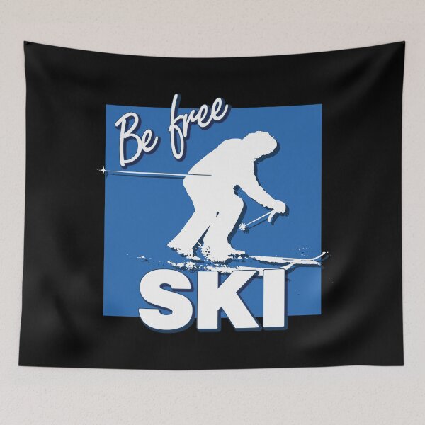 Item preview, Be Free Ski White Text Quote with White Downhill Alpine Skier Silhouette on Ski Level Intermediate Blue Square designed and sold by Karen McFarland.