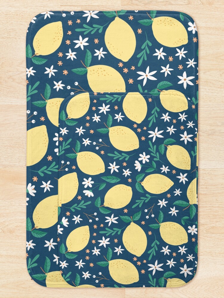 "Summer Lemons on Midnight Blue" Bath Mat by latheandquill Redbubble