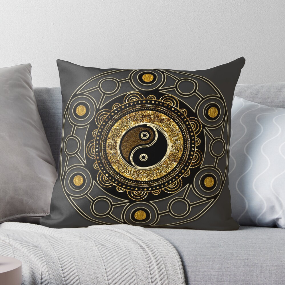 Gold + Black Geometry Yin Yang Mandala Throw Pillow