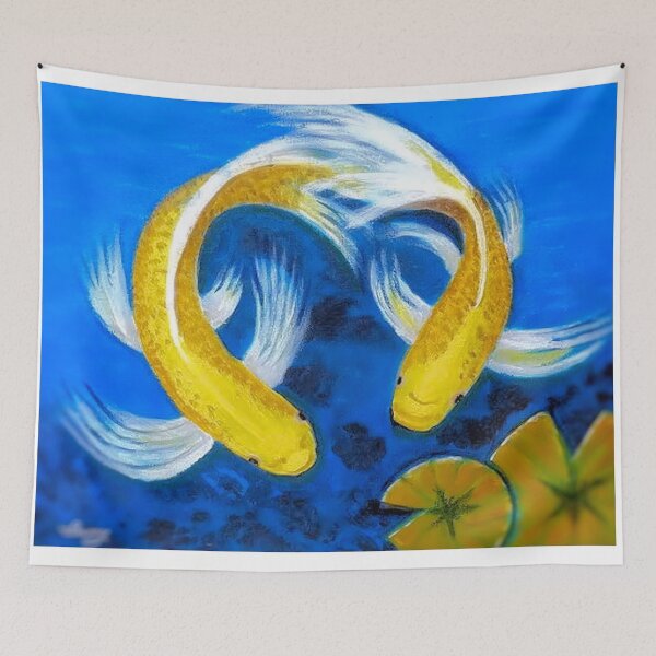 Item preview, Two Golden Koi Fish in Blue Water Lily Pond Painting designed and sold by factory88.