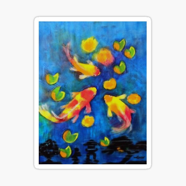 Vista previa del artículo con la obra «Tres peces Koi rojos y dorados en la pintura japonesa de Lily Pond», diseñado y vendido por factory88.