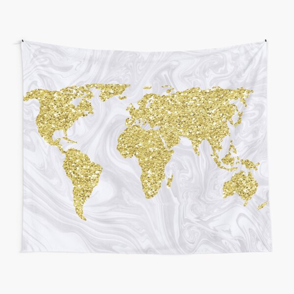 Gold Glitter World Map on White Marble Tapestry