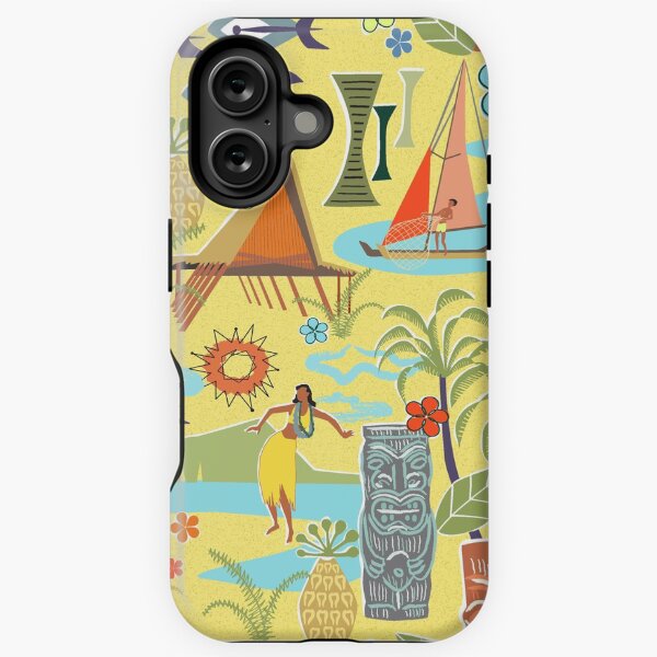 Mid Century Hawaiian Vacation with Tikis and Hula Girls iPhone Tough Case