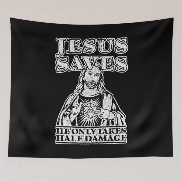Item preview, Jesus Saves. He Only Takes Half Damage. designed and sold by huckblade.