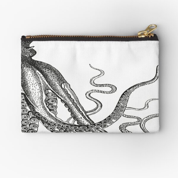 Half Octopus | Right Side | Vintage Octopus | Tentacles | Sea Creatures | Nautical | Ocean | Sea | Beach | Diptych | Black and White |   Zipper Pouch