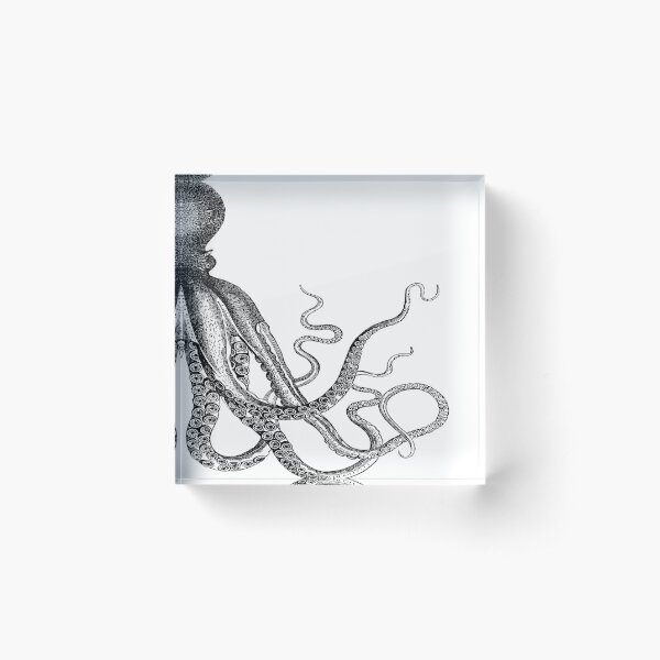 Half Octopus | Right Side | Vintage Octopus | Tentacles | Sea Creatures | Nautical | Ocean | Sea | Beach | Diptych | Black and White |   Acrylic Block