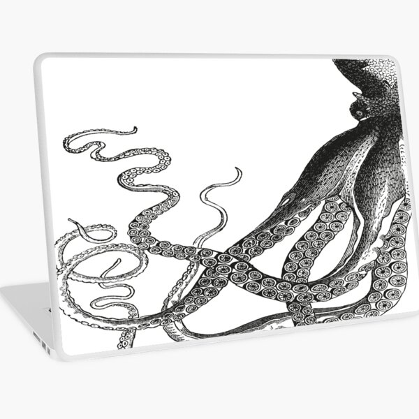 Half Octopus | Left Side | Vintage Octopus | Tentacles | Sea Creatures | Nautical | Ocean | Sea | Beach | Diptych | Black and White | Laptop Skin