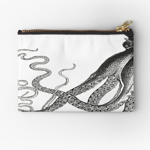 Half Octopus | Left Side | Vintage Octopus | Tentacles | Sea Creatures | Nautical | Ocean | Sea | Beach | Diptych | Black and White |  Zipper Pouch