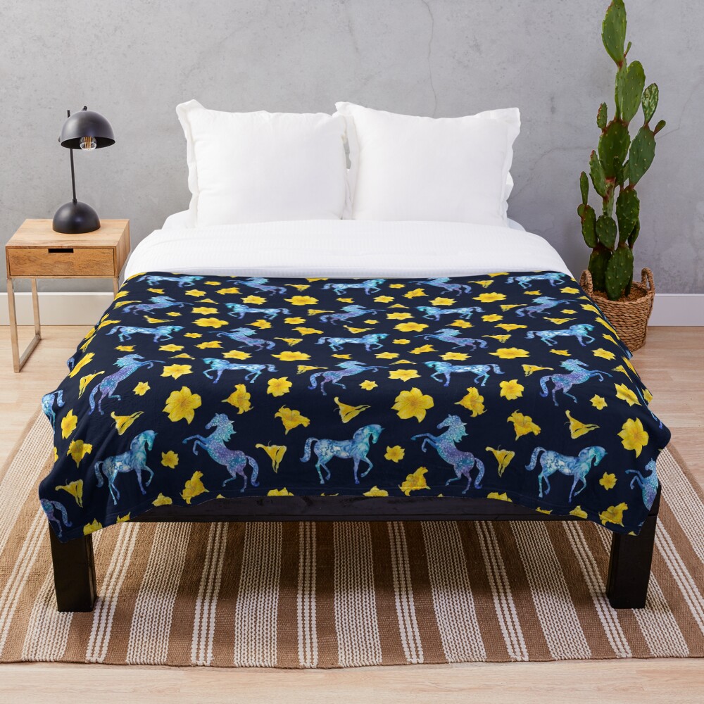 Precious blue horses watercolor floral pattern Throw Blanket