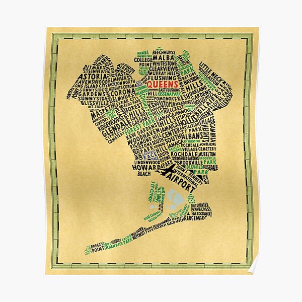 Queens New York Map Typography Poster