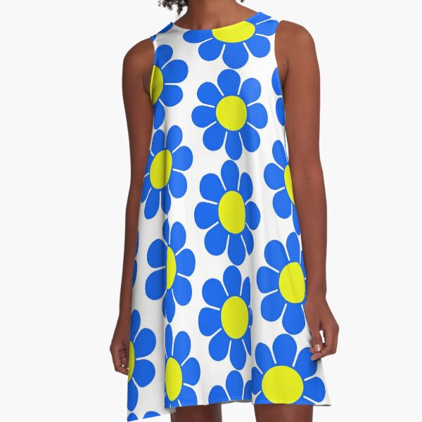 Blue Yellow Hippy Flower Daisy A-Line Dress