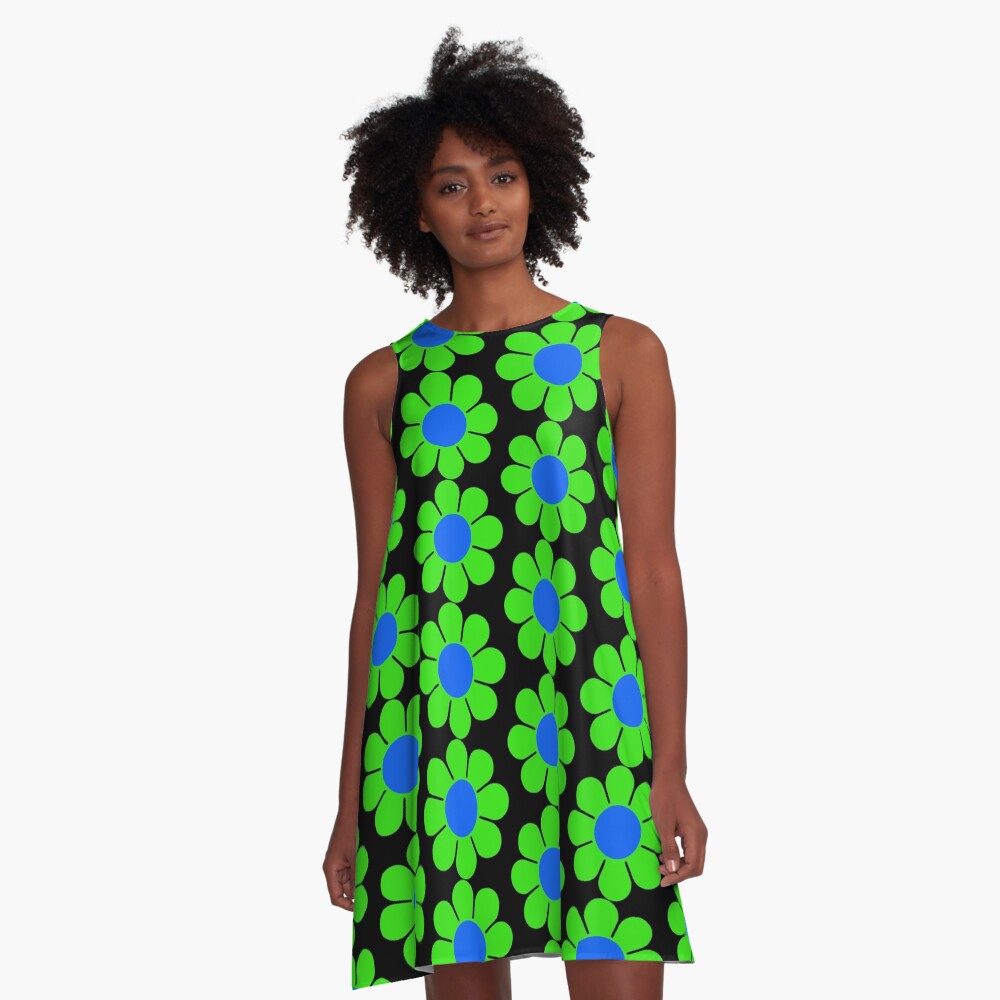Green Blue Hippy Flower Daisy A-Line Dress