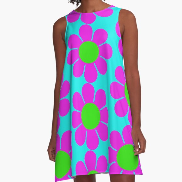 Pink Green Hippy Flower Daisy A-Line Dress