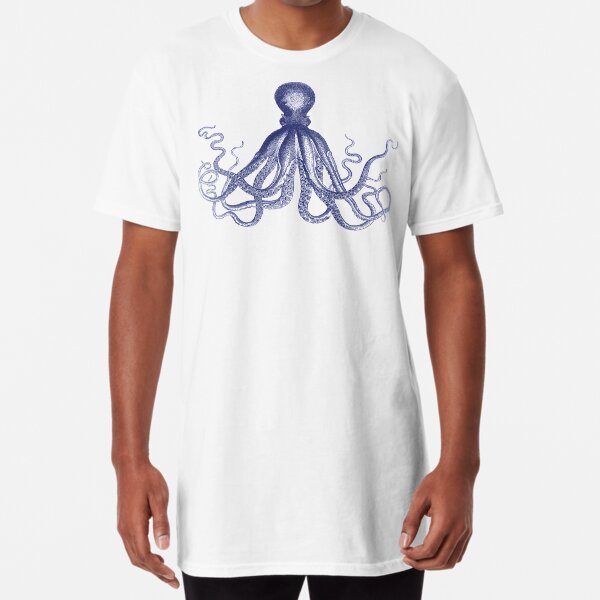 Octopus | Vintage Octopus | Tentacles | Sea Creatures | Nautical | Ocean | Sea | Beach | Navy Blue and White | Long T-Shirt