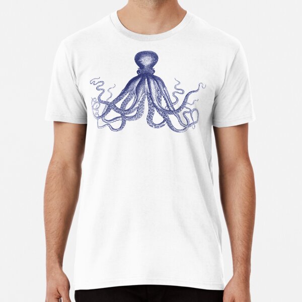 Octopus | Vintage Octopus | Tentacles | Sea Creatures | Nautical | Ocean | Sea | Beach | Navy Blue and White | Premium T-Shirt