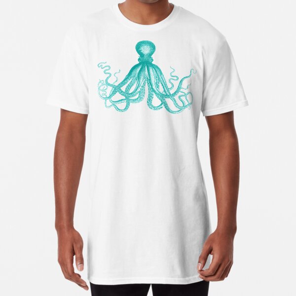 Octopus | Vintage Octopus | Tentacles | Sea Creatures | Nautical | Ocean | Sea | Beach | Teal and White | Long T-Shirt