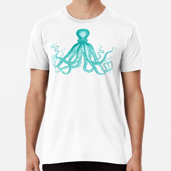 Octopus | Vintage Octopus | Tentacles | Sea Creatures | Nautical | Ocean | Sea | Beach | Teal and White | Premium T-Shirt