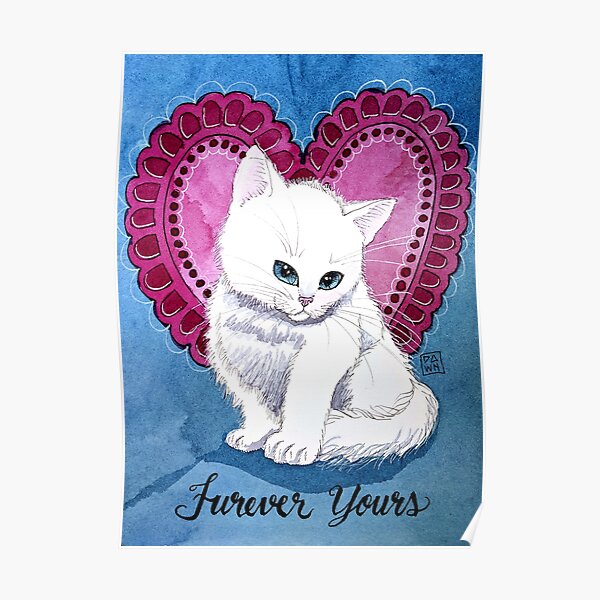 Pop Art White Kitten Cat Valentine Watercolor Painting Poster
