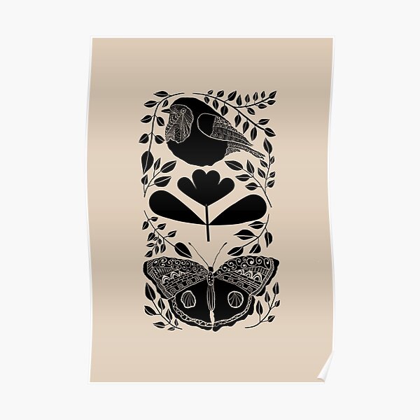 Folk design with bird, butterfly and plants Poster