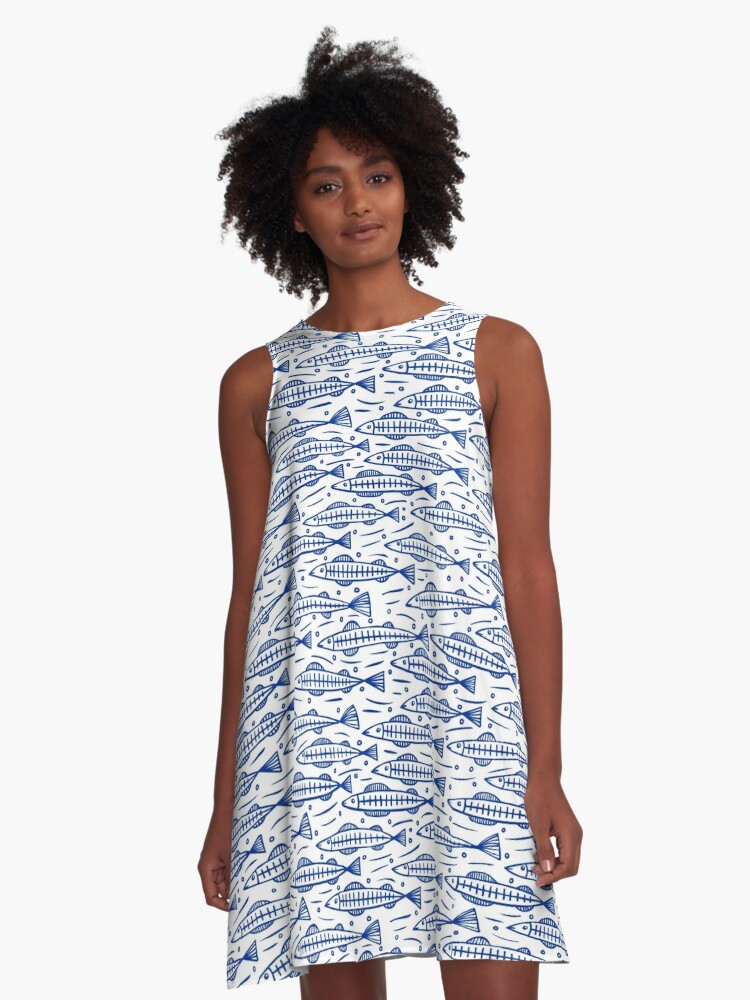 Shoal of Fish Pattern - Navy Blue on White | A-Line Dress